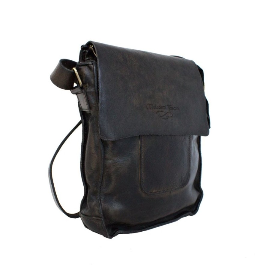 Man Maledetti Toscani | Shoulder Strap In Vegetable Tanned And Hand Dyed Leather. Black