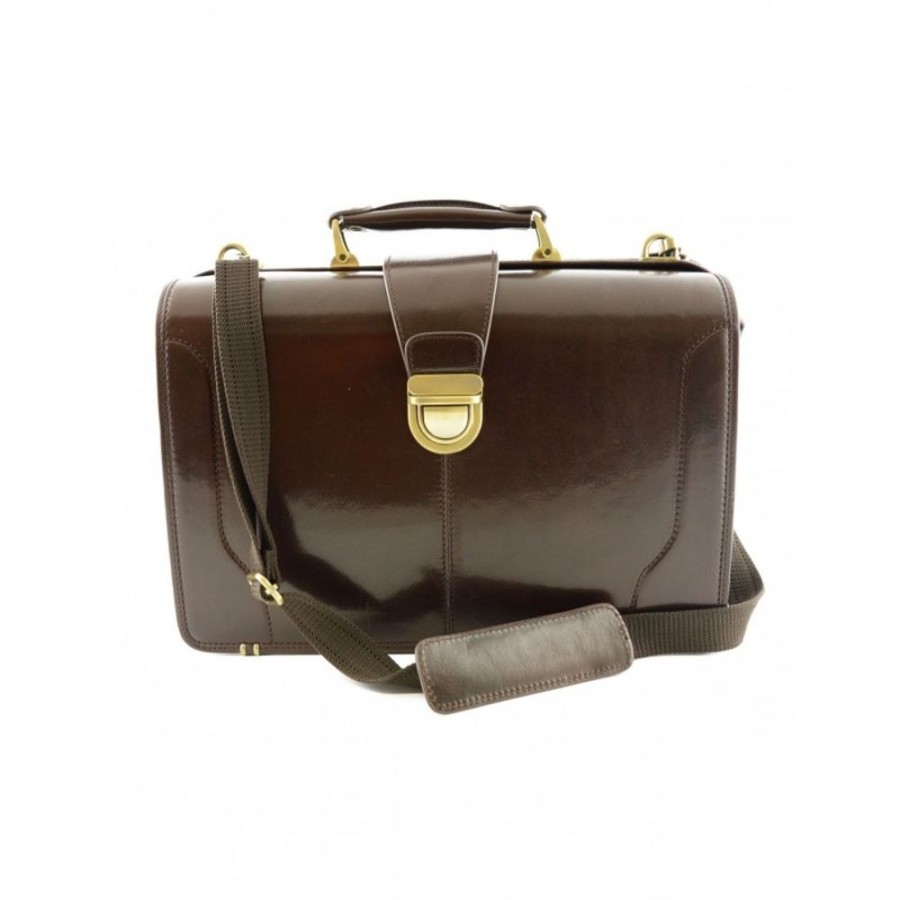 Business Officina 66 | Business And Medical Leather Briefcase With Shoulder Strap Tm Dark Brown