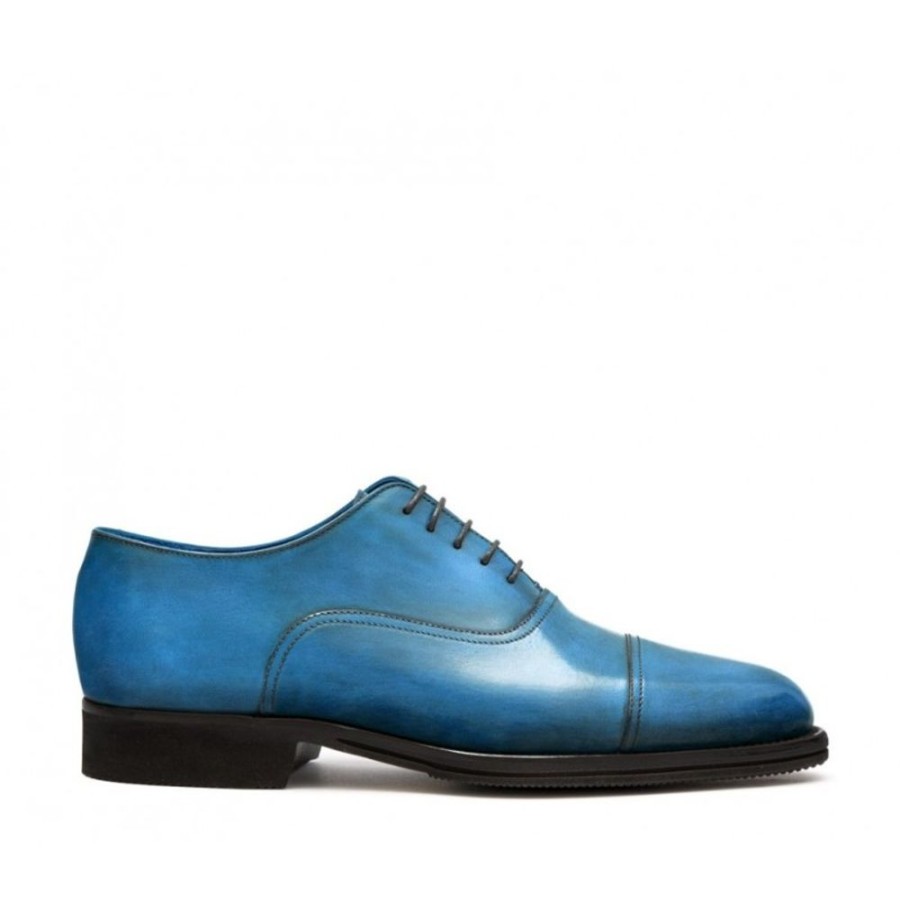 Man Officina 66 Leather Men'S Lace-Up Shoes | Cap Toe Laced Oxford-Style Shoe For Men, In Hand-Antiqued Calfskin Light Blue