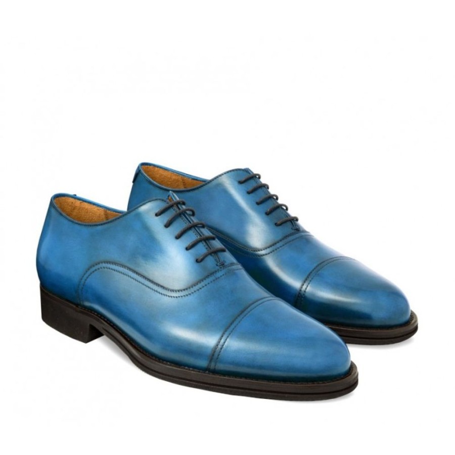 Man Officina 66 Leather Men'S Lace-Up Shoes | Cap Toe Laced Oxford-Style Shoe For Men, In Hand-Antiqued Calfskin Light Blue