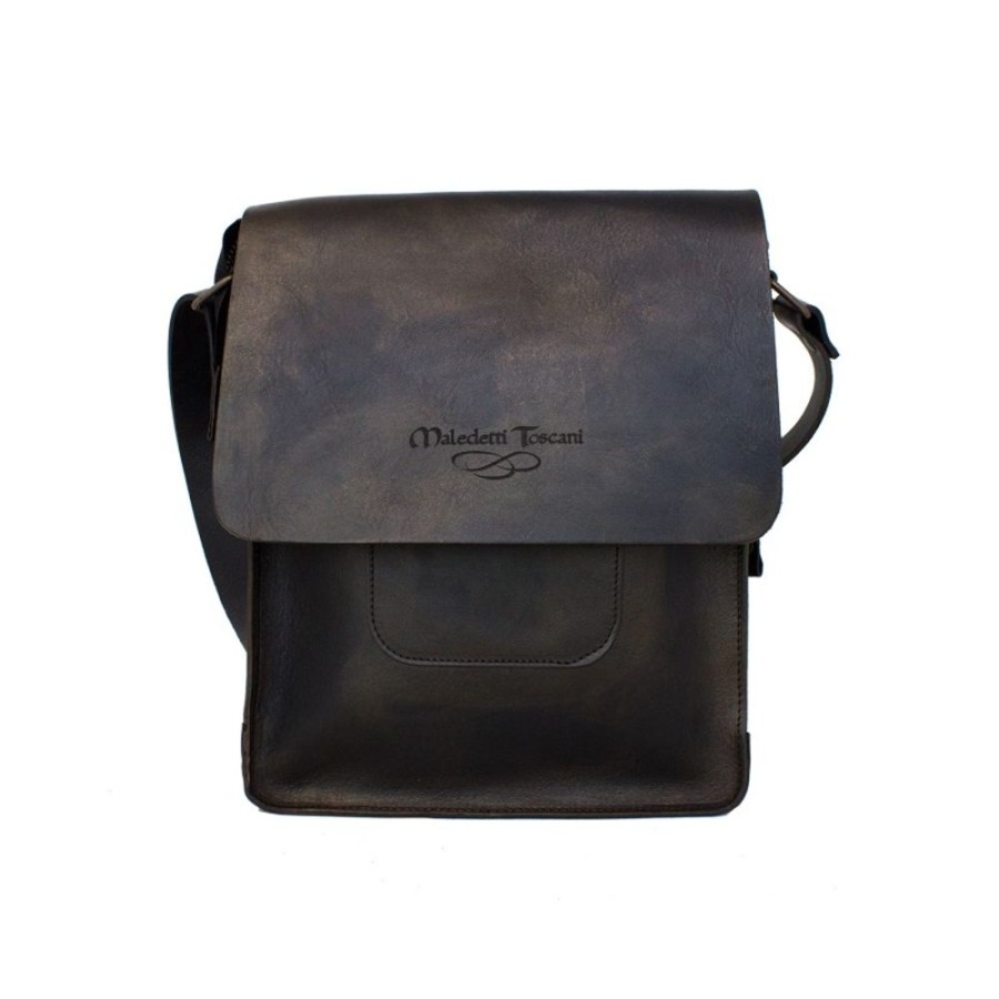 Man Maledetti Toscani | Shoulder Strap In Vegetable Tanned And Hand Dyed Leather. Black + Brown Black+Brown