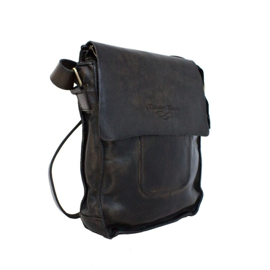 Man Maledetti Toscani | Shoulder Strap In Vegetable Tanned And Hand Dyed Leather. Black + Brown Black+Brown