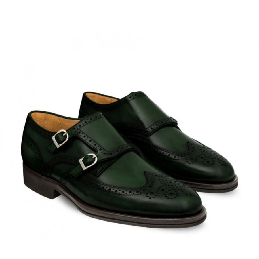 Man Officina 66 Leather Men'S Shoes Officina 66 From Number 37 To 52 | Leather Men'S Shoe With Double Monk Full Brogue Dovetail Toe. Dark Green