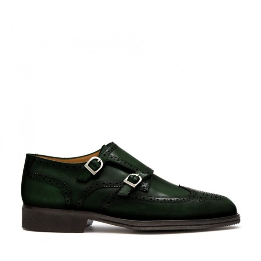 Man Officina 66 Leather Men'S Shoes Officina 66 From Number 37 To 52 | Leather Men'S Shoe With Double Monk Full Brogue Dovetail Toe. Dark Green