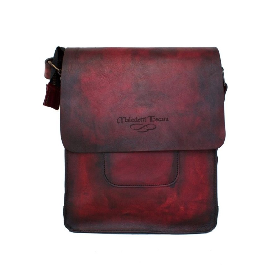 Man Maledetti Toscani | Shoulder Strap In Vegetable Tanned And Hand Dyed Leather. Red + Black Red+Black