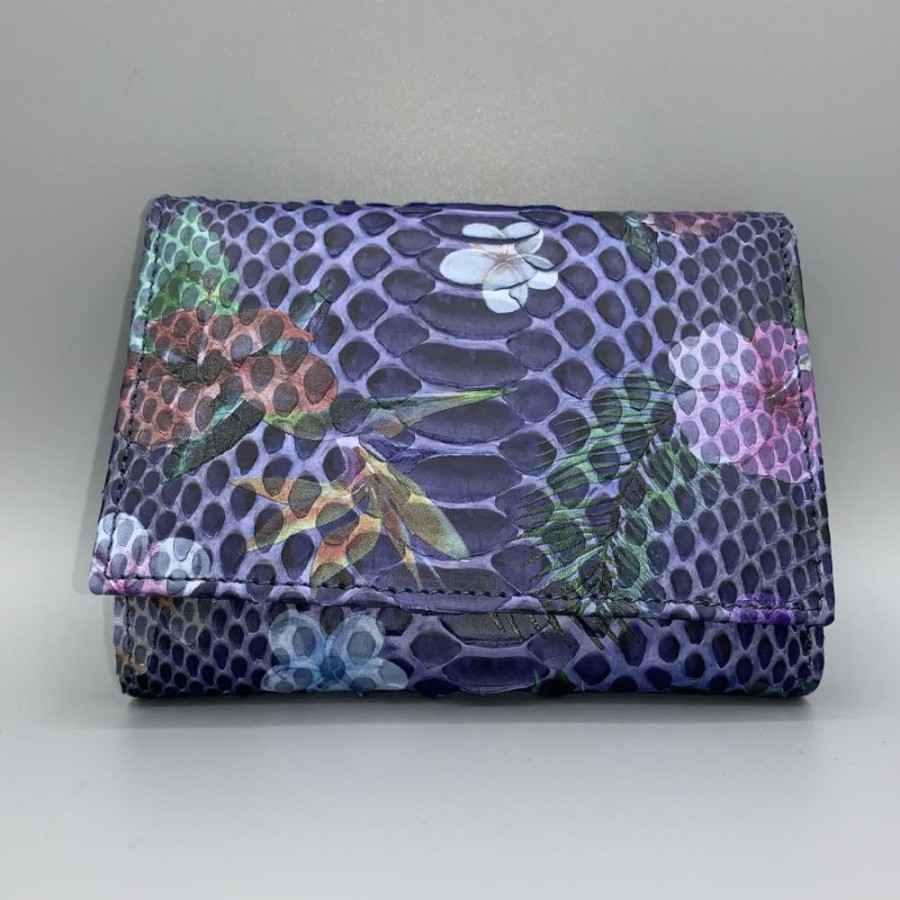 Woman Officina 66 | Woman Wallet In Real Python Leather With Floral Pattern And Buttom Closure Blue