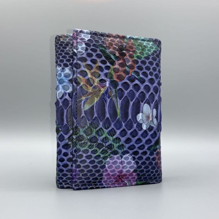 Woman Officina 66 | Woman Wallet In Real Python Leather With Floral Pattern And Buttom Closure Blue