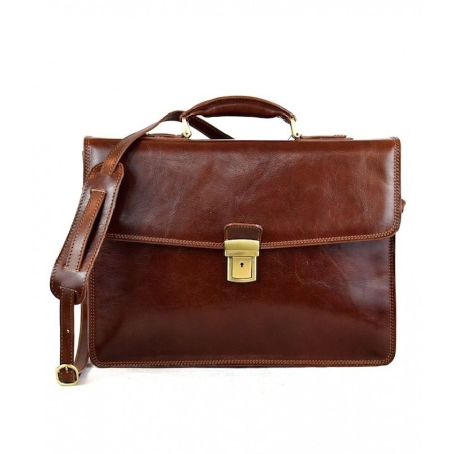 Business Officina 66 Leather Men'S Briefcase | Leather Man Briefcase "Cupi" Brown