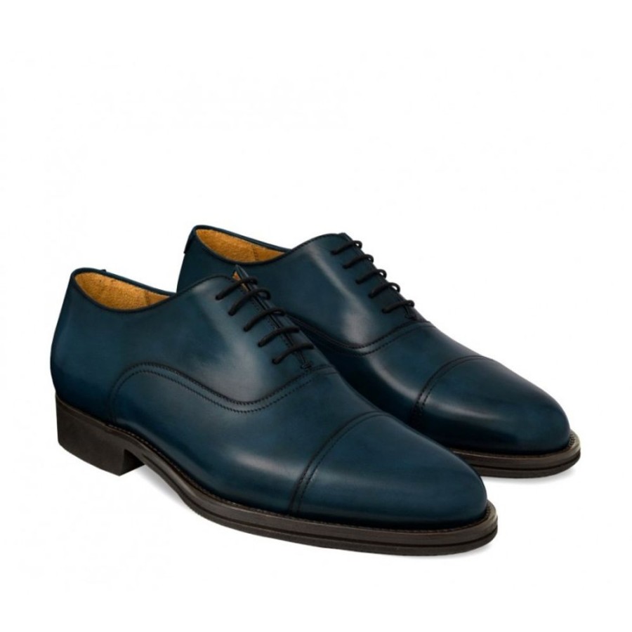 Man Officina 66 Leather Men'S Lace-Up Shoes | Cap Toe Laced Oxford-Style Shoe For Men, In Hand-Antiqued Calfskin Dark Blue