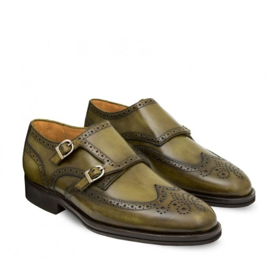 Man Officina 66 Leather Men'S Double Monk Strap Shoe | Leather Men'S Shoe With Double Monk Full Brogue Dovetail Toe Olive