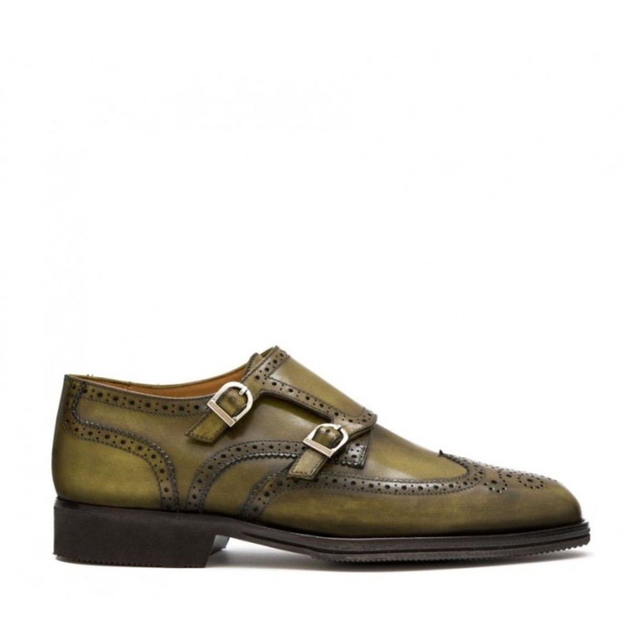 Man Officina 66 Leather Men'S Double Monk Strap Shoe | Leather Men'S Shoe With Double Monk Full Brogue Dovetail Toe Olive