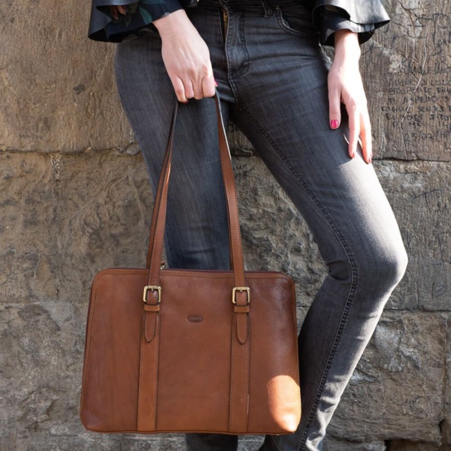 Business Officina 66 Leather Women'S Briefcase | Leather Handbag With Double Long Handles "Rocchette" Brown